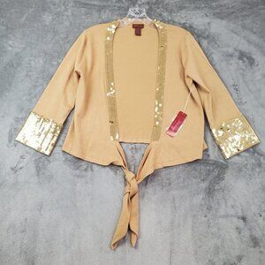 Womens M Sequin Open Front Cardigan Party Cocktail Silk Blend Sweater Gold Crop